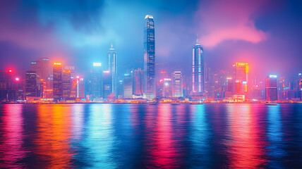 Wall Mural - A city skyline is reflected in the water, with the lights of the city shining brightly. Scene is one of excitement and energy, as the city comes alive at night