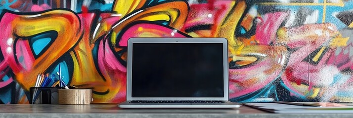 Leinwandbilder - A sleek laptop sits on a desk next to colorful graffiti art, creating a vibrant urban workspace during daylight hours. Generative AI