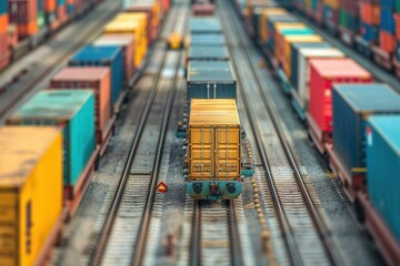 Poster - Containers are being transferred from a truck to a train at a transportation terminal, highlighting the synergy of cargo transport. Generative AI