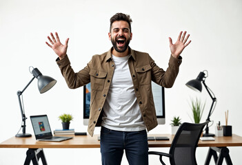 A confident businessman in a suit stands in an office, smiling happily while using a laptop, radiating success and positivity