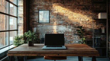Leinwandbilder - A laptop rests on a rustic wooden table in a cozy office with brick walls, surrounded by plants and natural light. Generative AI