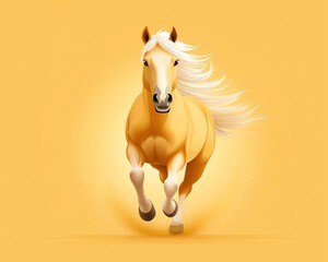 running golden horse with flowing mane, isolated on a vibrant orange background