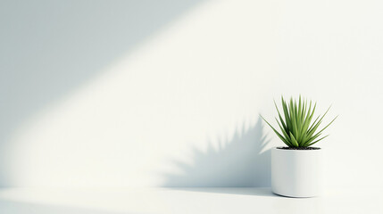 Wall Mural - Make Friday Green Again concept,vibrant green plant in a white pot sits on a clean surface,casting distinct shadows against a bright,minimalistic wall,copy space