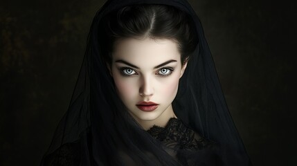 Mystical Elegance of a Woman in Black Lace Veil Against a Dark Mysterious Background