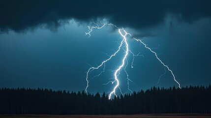 dramatic lightning strike illuminating dark stormy sky over a dense forest.