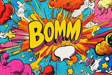 Aufkleber - A vibrant comic-style explosion showcases the word BOMM with playful colors, surrounded by whimsical doodles and sound effects. Generative AI