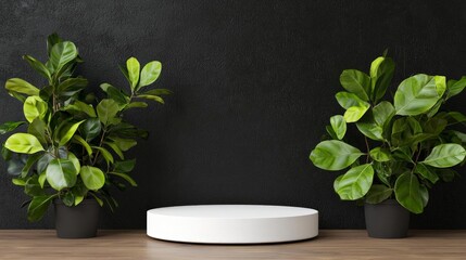 a minimalist white pedestal placed between two green potted plants, with a black wall in the background 3D rendering