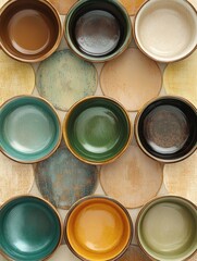 Aufkleber - Circular tea cups in warm brown and green tones are beautifully arranged to create a harmonious and inviting display. Generative AI