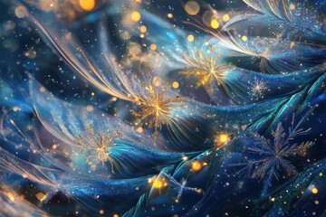 Poster - The festive spirit of New Year's Eve with sparkling lights and elegant snowflake designs in soft blues and golds. Generative AI