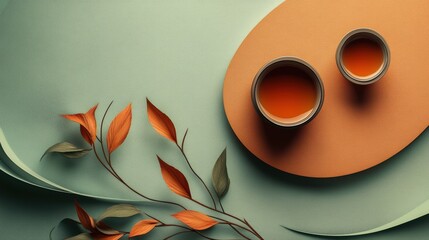 Poster - Two tea cups sit beside harmoniously arranged tea leaves on a smooth surface, creating a calming atmosphere for tea lovers. Generative AI