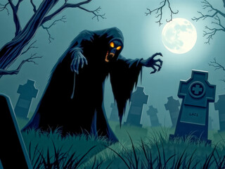 Poster - A scary monster is walking towards a cemetery. The cemetery is full of gravestones, and the moon is shining brightly in the sky. Scene is eerie and spooky