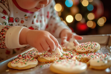 Little girl decorating a Christmas cookie with colorful icing and sprinkles on a festive red tablecloth, surrounded by holiday-themed cookie cutters.