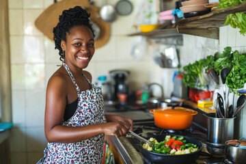 Woman in kitchen chopping vegetables, surrounded by colorful ingredients and cooking utensils. Bright light illuminates the busy scene.