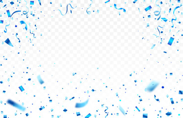 Wall Mural - Celebration background template with confetti and blue ribbons. Shiny carnival decoration. Bright festive tinsel of blue color.