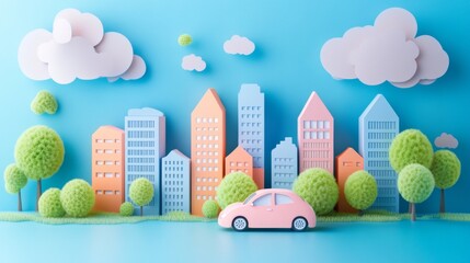 3D rendering of a cute pastel-colored city with buildings.