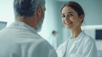 a man and woman in the medical profession, having a discussion, both in white jackets, doctors at a hospital, smiling promoting teamwork in the workplace. 