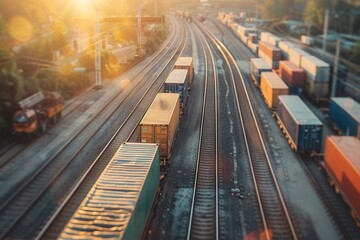 Leinwandbilder - Containers are being transferred as trucks load cargo from trains, showcasing efficient transport operations in a bustling environment. Generative AI