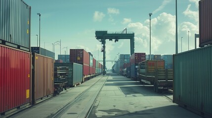 Wall Mural - Containers are being transferred from a truck to a train at a busy transportation hub in the late afternoon, showcasing intermodal logistics. Generative AI