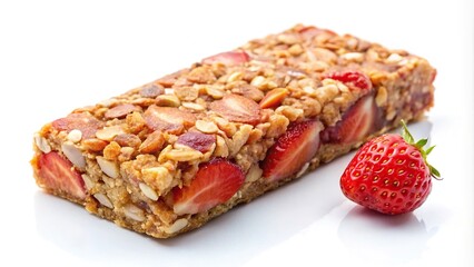 Strawberry oat and nut bar isolated on white background