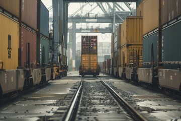 Wall Mural - Freight containers are being transferred from a truck to a train at a logistics hub, showcasing efficient transport integration. Generative AI