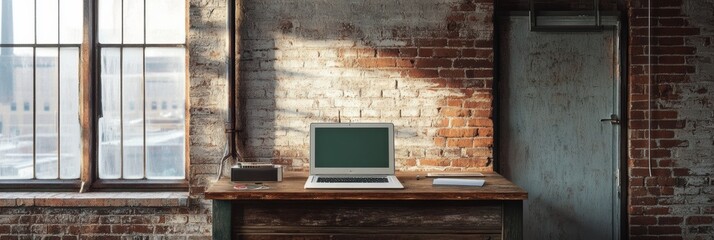 Poster - A laptop sits on a weathered wooden desk in a rustic room, where daylight pours in through a large window, illuminating the brick walls. Generative AI