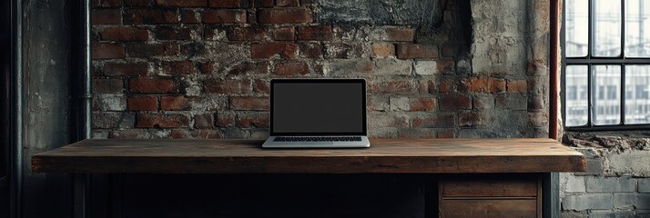 Poster - A sleek laptop sits on a wooden desk in a stylish loft, surrounded by exposed brick walls and ample natural light. Generative AI