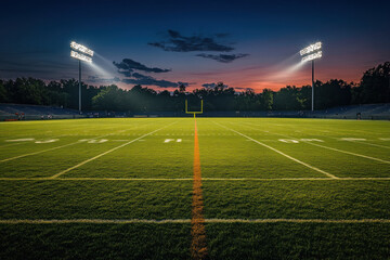 Football field at night, brightly illuminated with floodlights, empty and serene with shadows stretching across the green grass under a starry sky.