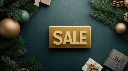 A festive holiday sale display featuring a gold 