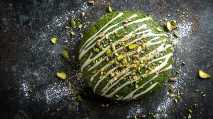 Delicious green dessert with pistachios and icing drizzle