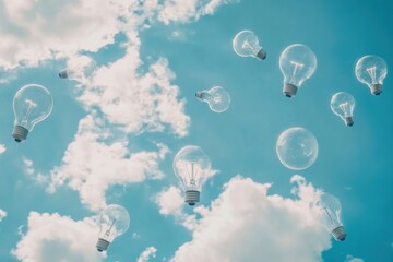 Wall Mural - Blue sky with clouds with idea light bulbs floating in sky. 