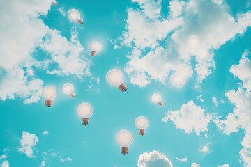 Wall Mural - Blue sky with clouds with idea light bulbs floating in sky. 