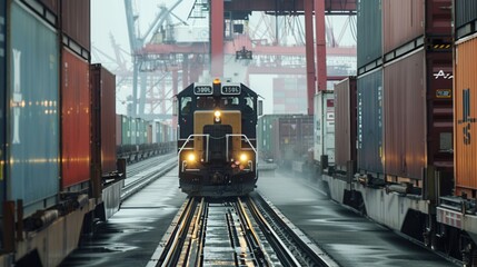 Aufkleber - Containers are being loaded from a truck onto a train at a bustling transport hub under a gray, misty sky. Generative AI