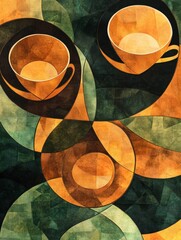 Aufkleber - The artwork showcases circular shapes of tea cups in rich brown and green hues, evoking a cozy ambiance perfect for relaxation. Generative AI