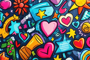 Aufkleber - The doodle bursts with energy, displaying a variety of bright symbols like hearts, stars, and flowers against a dynamic background. Generative AI