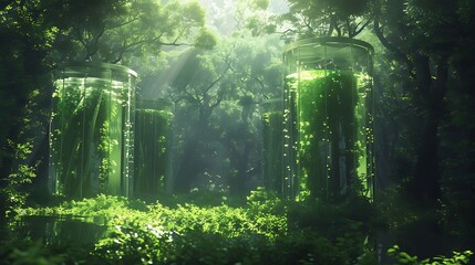 Poster - High-Tech Biofuel Plant Processing Algae with Glowing Tanks and Solar-Powered Facility