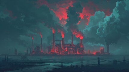 Poster - Futuristic Fossil Fuel Refinery with Massive Machines and AI-Driven Monitoring under Cloudy Skies