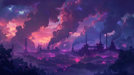 Poster - Futuristic Fossil Fuel Refinery with Massive Machines and AI-Driven Monitoring under Cloudy Skies