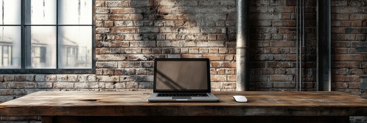 Aufkleber - A sleek laptop rests on a wooden desk bathed in natural light, surrounded by an industrial-style setting with exposed brick walls. Generative AI