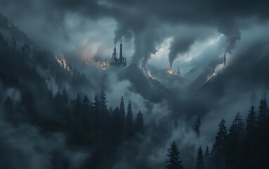 Poster - Futuristic Coal Processing Plant Refining Fossilized Material into High-Efficiency Fuel Amid Mountainous Backdrop