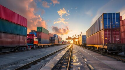 Fototapete - Containers are loaded from trucks to trains at a transport hub during a vibrant sunset, highlighting integrated logistics. Generative AI