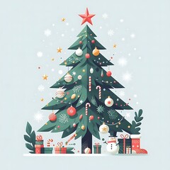 Flat, isolated illustration of a festive Christmas tree adorned with colorful ornaments, lights, and a shining star on top. The tree has a classic triangular shape and vibrant green branches. 