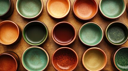 Aufkleber - Various circular tea cups in warm brown and green shades are neatly arranged on a wooden surface, perfect for a cozy gathering. Generative AI