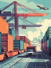 Aufkleber - Containers are being transferred from a truck to a train at a transport terminal, showcasing efficient logistics in action. Generative AI
