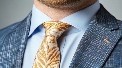 Closeup of man wearing a patterned tie.