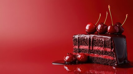 Wall Mural - Chocolate cake slice with cherries on top against red background