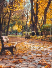 Poster - Visitors stroll through the park's pathways covered in vibrant autumn leaves, while benches invite moments of relaxation and reflection. Generative AI