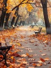 Aufkleber - Pathways in an urban park are lined with colorful fallen leaves, inviting quiet reflection on benches amid the autumn landscape. Generative AI