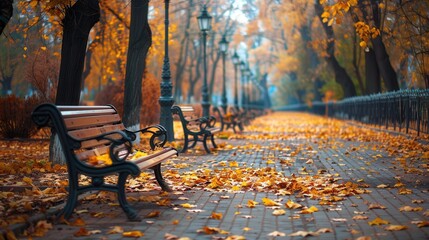 Aufkleber - The urban park features a serene pathway lined with benches and colorful fallen leaves, capturing the essence of autumn's beauty. Generative AI