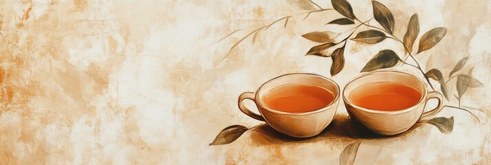 Poster - Two cups of tea sit gracefully beside delicate illustrations of tea leaves, creating a calming and inviting atmosphere. Generative AI
