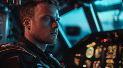 Portrait of a pilot in the cockpit, preparing for takeoff, focused and professional, flight instruments visible